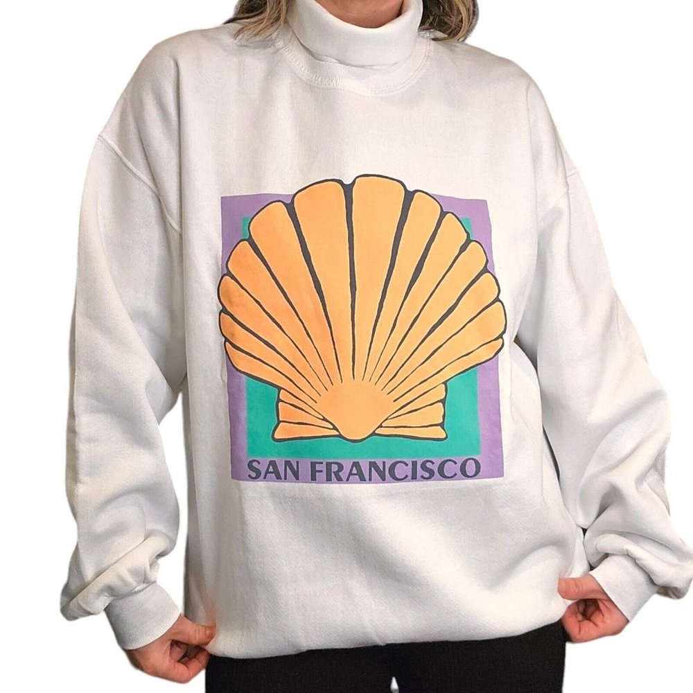 Retro 80s San Francisco Turtleneck Crewneck Sweatshirt White NWOT Seashell XL
